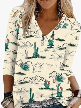 Chic Nation Cream Desert Cactus Print V-Neck Top